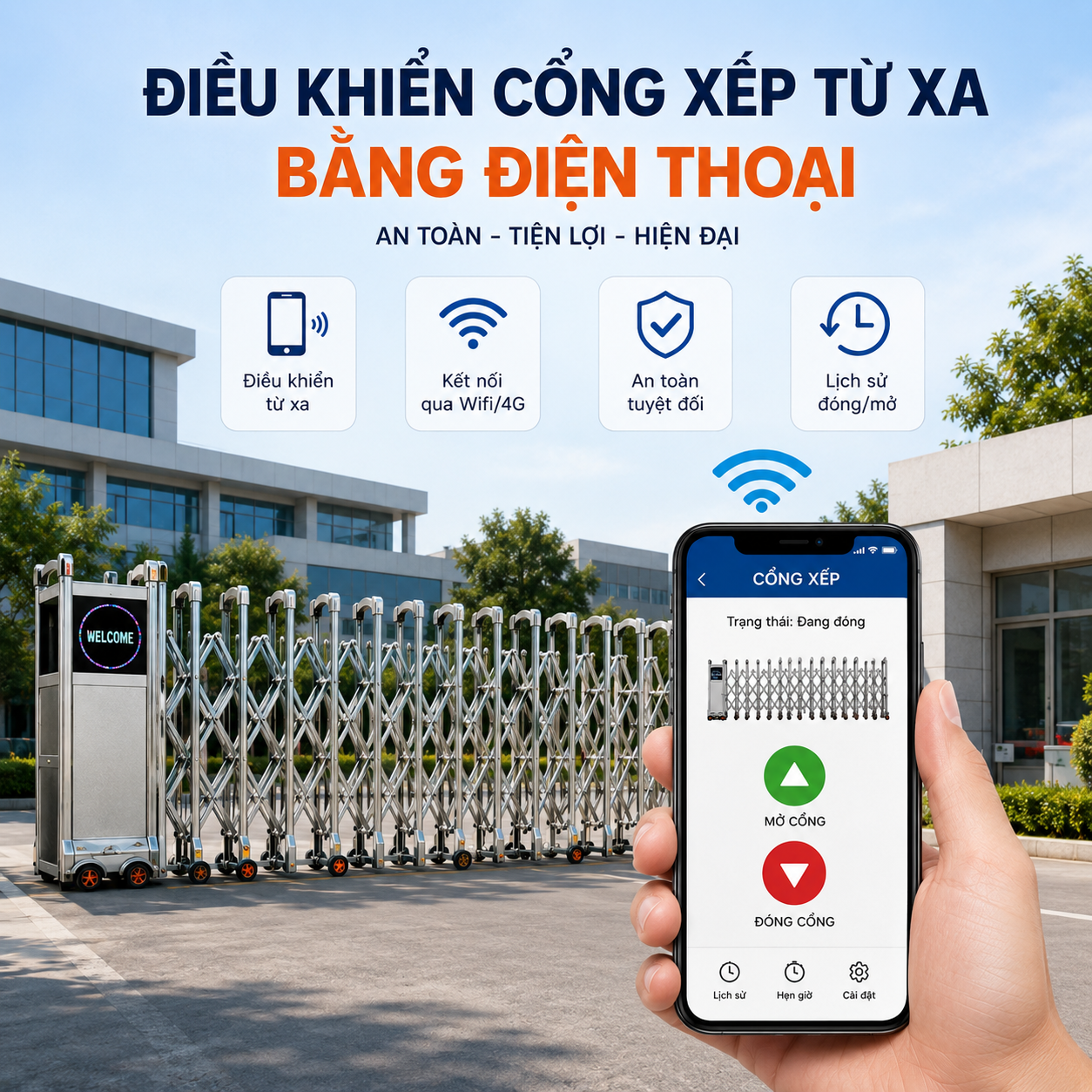 Cảm biến chống va chạm hoặc điều khiển qua điện thoại giúp hệ thống vận hành thuận tiện hơn